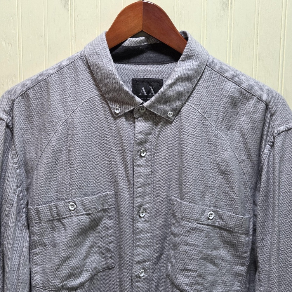 Armani Exchange Shirt Mens XL Gray Herringbone Long Sleeve Cotton Button-Up Slim